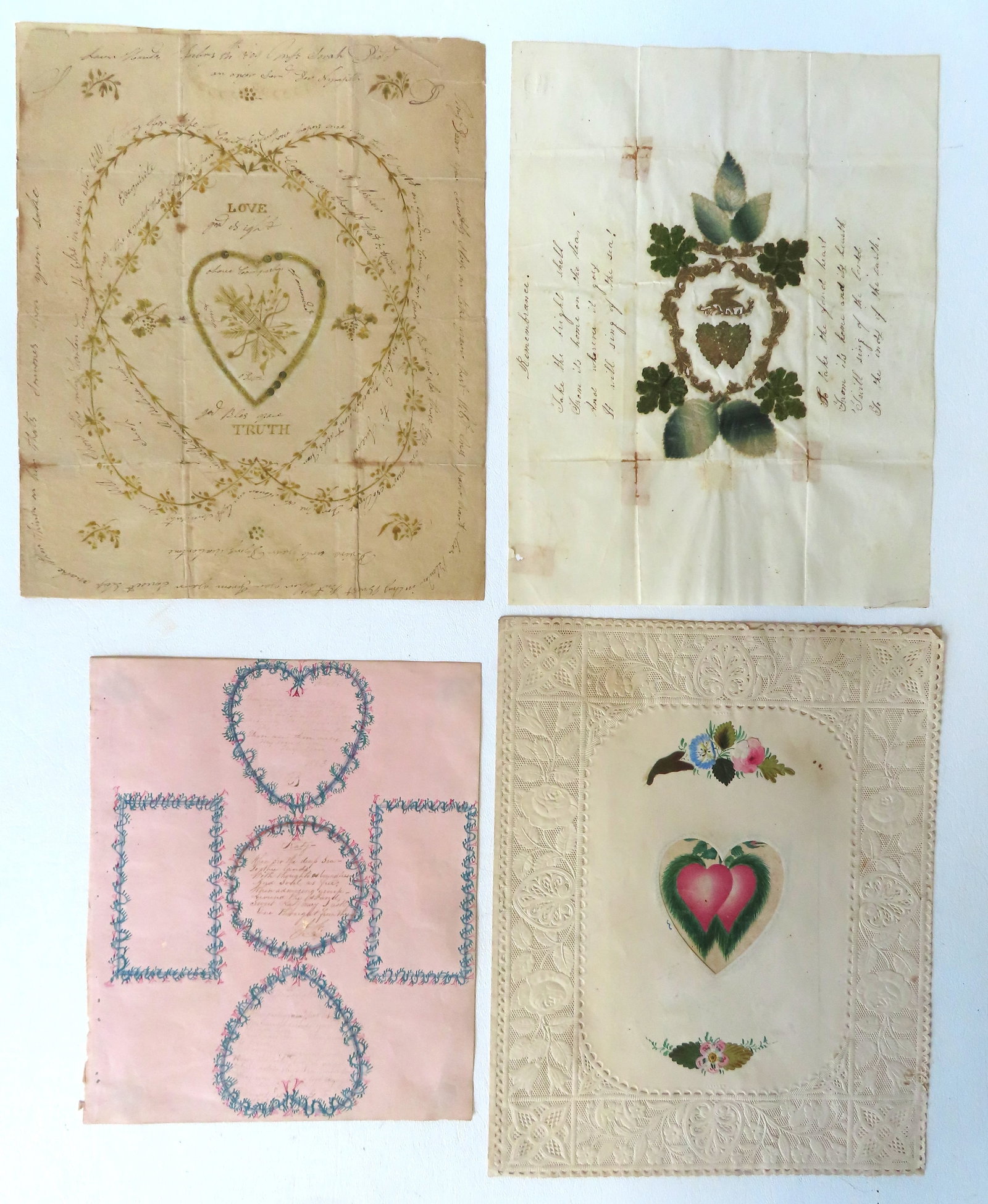 Grouping of 4 unframed 19th valentines, two hand drawn with pen and ink verses and/or watercolor: Grouping of 4 unframed 19th valentines, two hand drawn with pen and ink verses and/or watercolor hearts, including: 1) W/C and pen and ink 2 page folded letter signed and dated 1809 - the first page h
