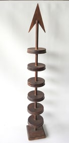 An unusual table top wooden ornament in original worn sienna color paint, with an arrowhead finial