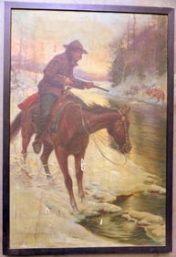 Charles DeFeo, NY & Delaware 1892 - 1978. O/C Illustration titled "Deer Hunting" depicting winter