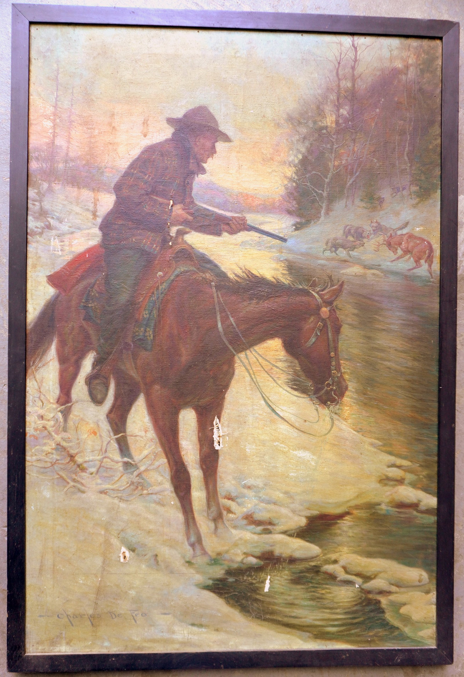 Charles DeFeo, NY & Delaware 1892 - 1978. O/C Illustration titled "Deer Hunting" depicting winter: Charles DeFeo, NY & Delaware 1892 - 1978. O/C Illustration titled "Deer Hunting" depicting winter landscape with hunter on horseback preparing to shoot at wolves attacking stag near stream. Stretcher 