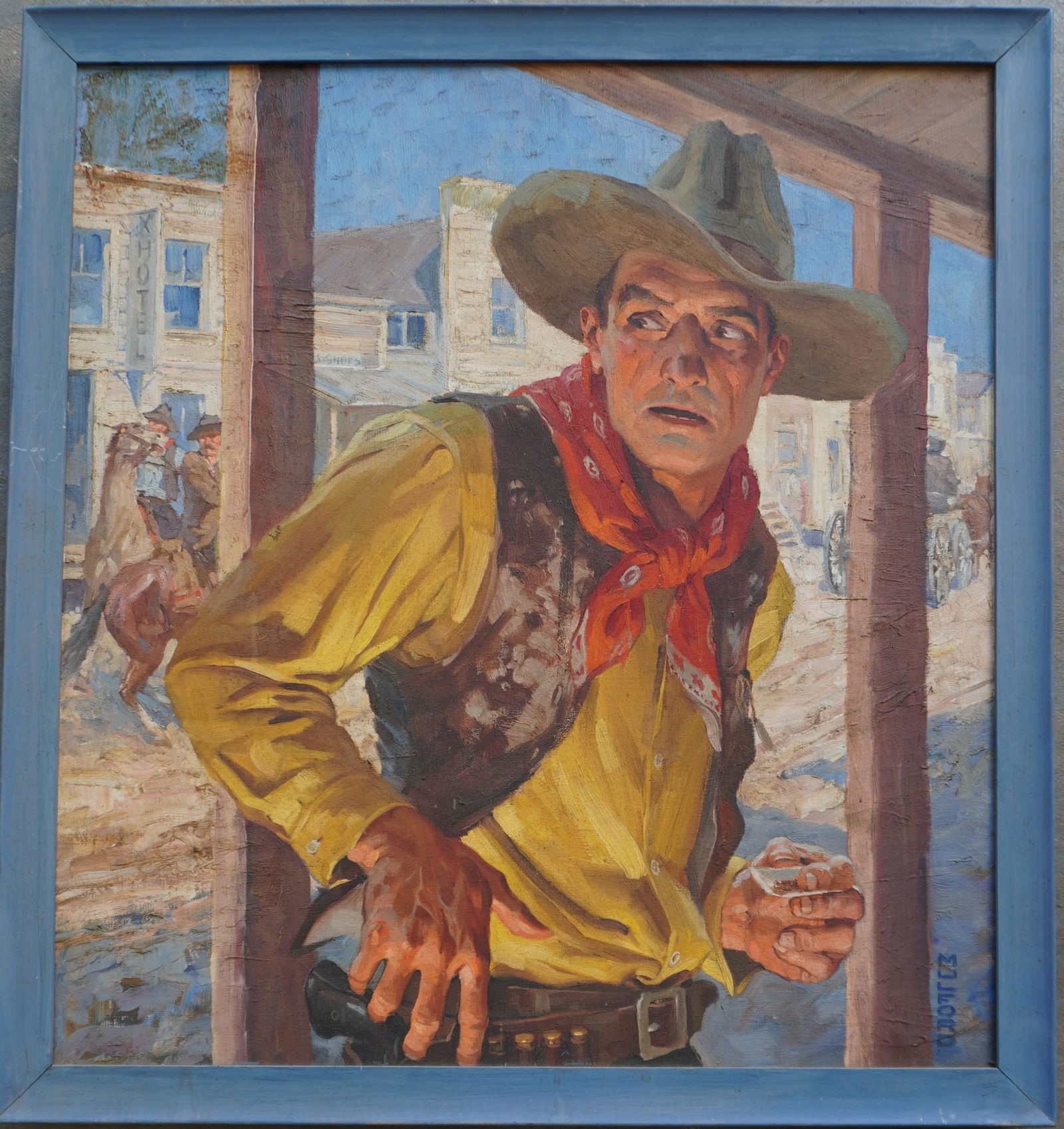 Stockton Mulford, NY & CT 1886 - 1960). O/C Western illustration depicting a startled cowboy rolling: Stockton Mulford, NY & CT 1886 - 1960). O/C Western illustration depicting a startled cowboy rolling cigarette in left hand and reaching for his holstered revolver with his right hand, signed vertical