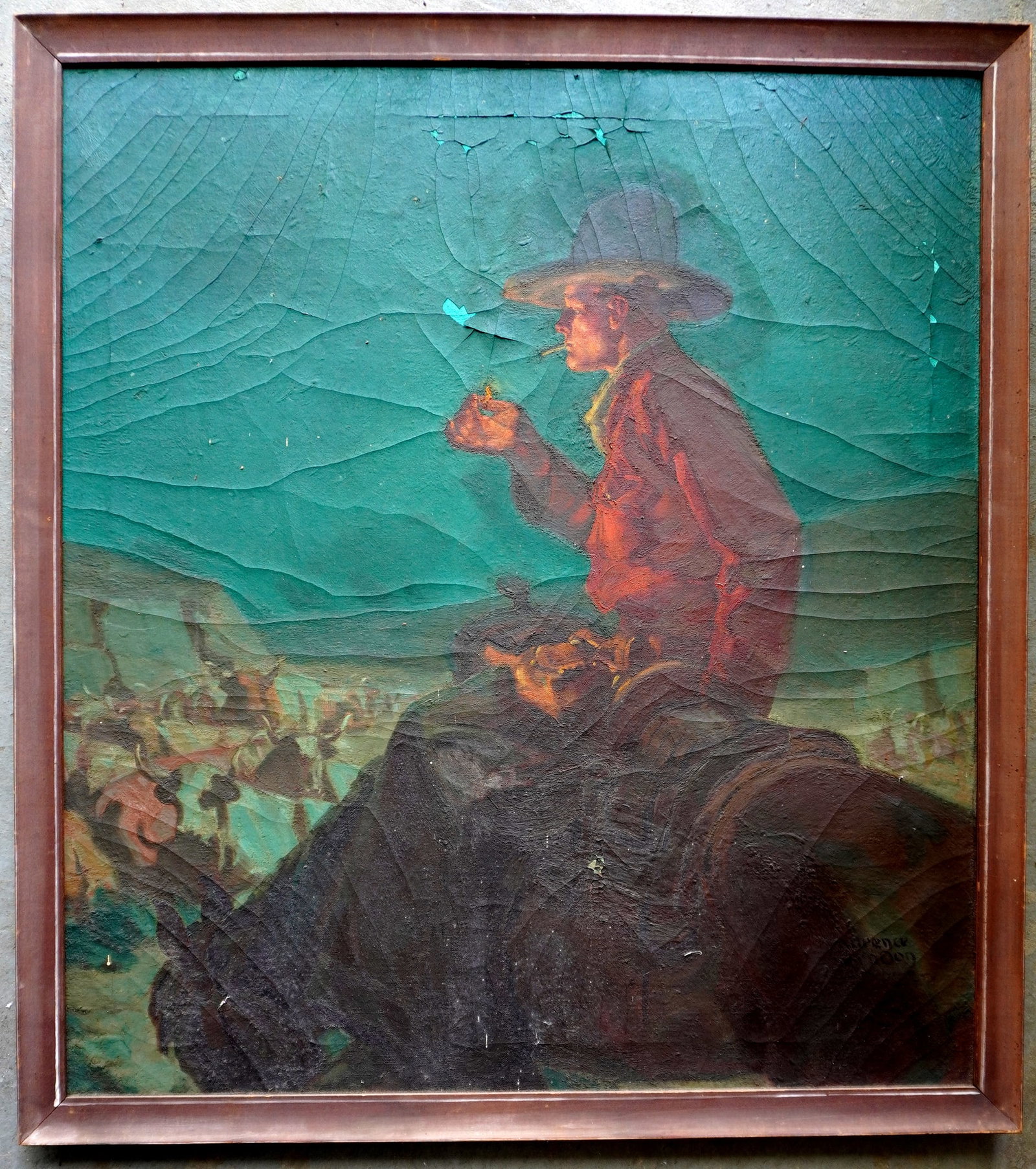 Laurence Jesse Herndon, NY, NJ & Ohio, 1883 - 1961. O/C Western Illustration of Cowboy standing by: Laurence Jesse Herndon, NY, NJ & Ohio, 1883 - 1961. O/C Western Illustration of Cowboy standing by his horse lighting a cigarette at dusk overlooking resting cattle in background, signed Laurence Hern