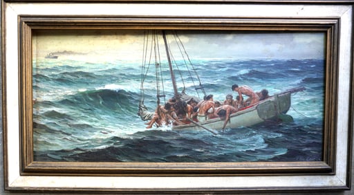 Tom Lovell, NY and New Mexico 1909 - 1997. O/B Illustration of distressed men in a lifeboat in rough