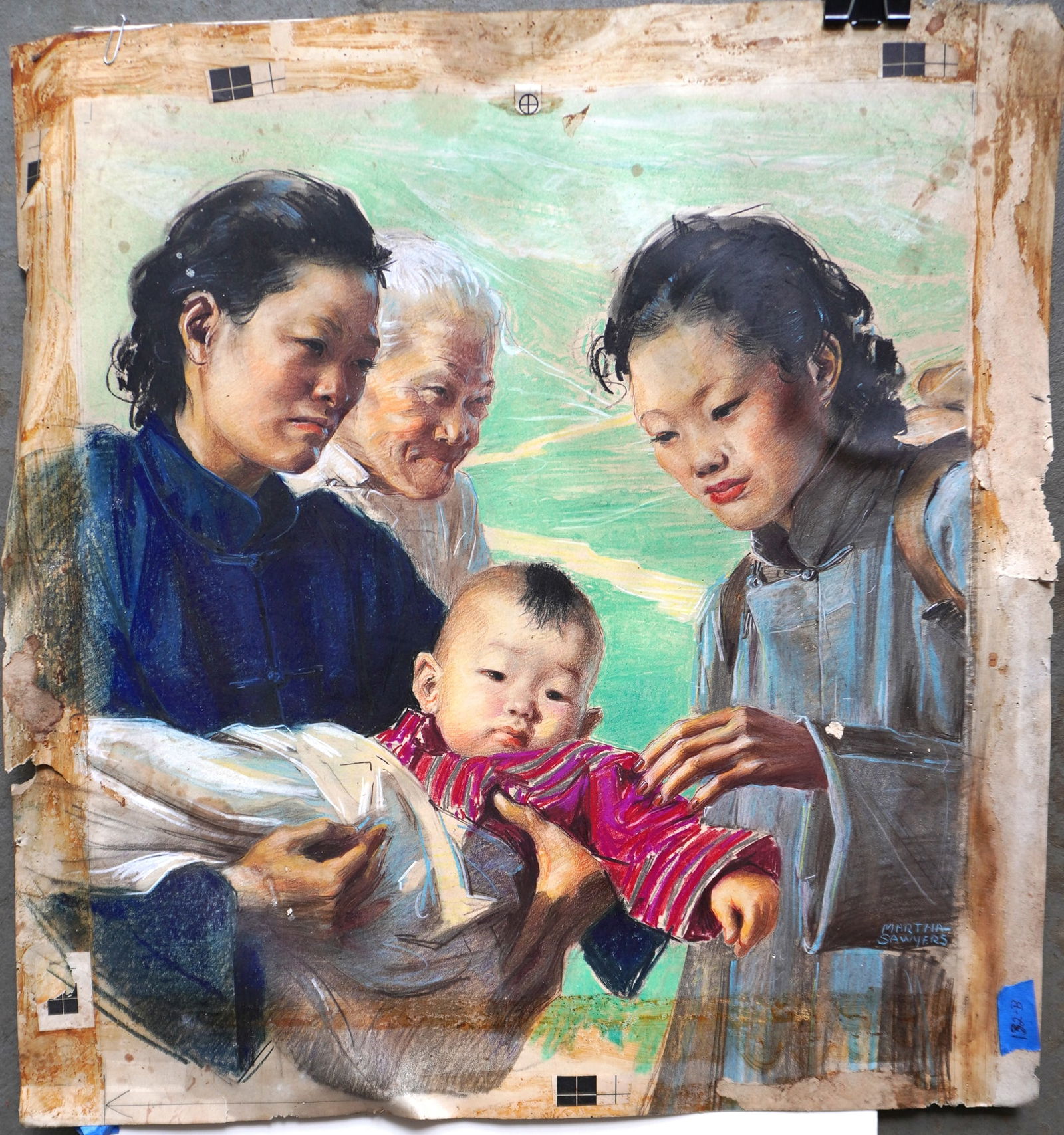 Martha (Reusswig) Sawyers, 1902 - 1988 - was active/lived in Texas. Mixed media illustration: Martha (Reusswig) Sawyers, 1902 - 1988 - was active/lived in Texas. Mixed media illustration depicting an oriental family with child, signed Martha Sawyers bottom left corner. Paper size 25 5/8" x 26