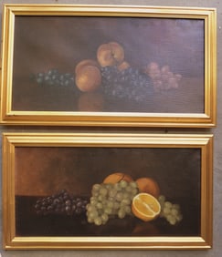 Two matching O/C Still life of fruit on table, late 19th century housed in newer matching lemon gold