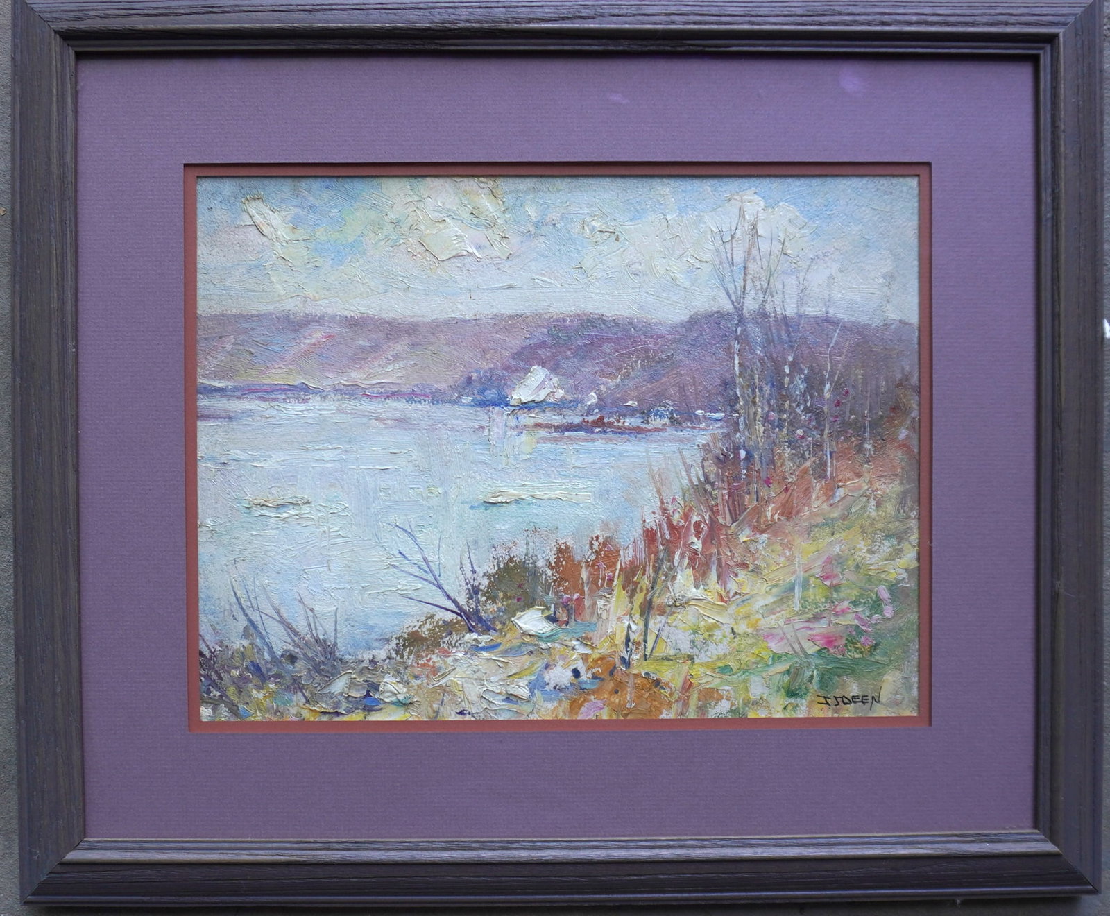 Ira J. Deen (1874 - 1952) was active/lived in Pennsylvania. O/C Impressionist landscape depicting: Ira J. Deen (1874 - 1952) was active/lived in Pennsylvania. O/C Impressionist landscape depicting fall scene with bare trees bordering lake or river in the foreground, and steamship and mountains in t