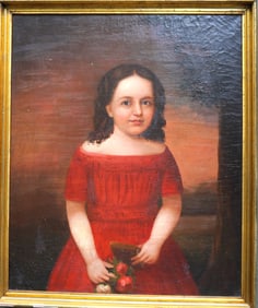 O/C Early portrait of young girl in red dress with curly brown hair and holding flowers - circa