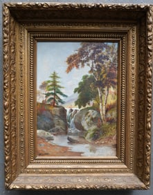 Daniel Charles Grose - NY, Canada, and DC - 1838 - 1900. O/C Mountain landscaped with waterfall