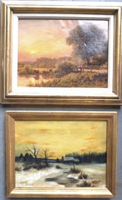 Two country paintings: 1) O/C Depicting man fishing from bridge in small pond currently occupied by