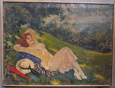 O/C Semi-nude lady laying on grass on hillside overlooking river, signed illegibly bottom left