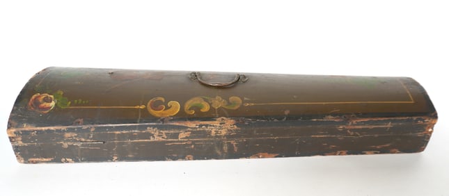 A folk art mid 19th century violin case with hand painting of a violin and bow on the top - good