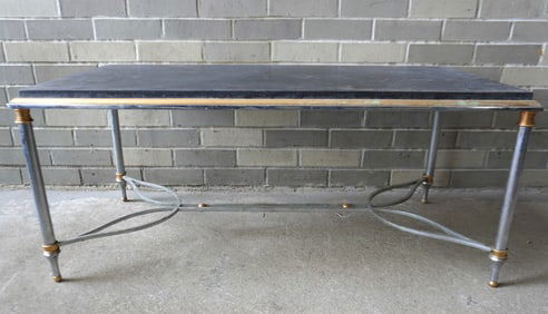 A mid-century high quality polished steel and brass coffee table with slate top, 1950-70. Some