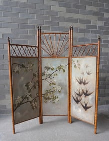 A very unique small bamboo hinged screen, housing triptych artwork, Aesthetic Movement.