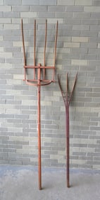 Two 19th century hand made wooden farming tools in original paint, including: Hay fork with 4 tines
