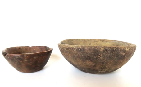 Two primitive burlwood bowls, 18th century - both with extensive use wear and some very old edge