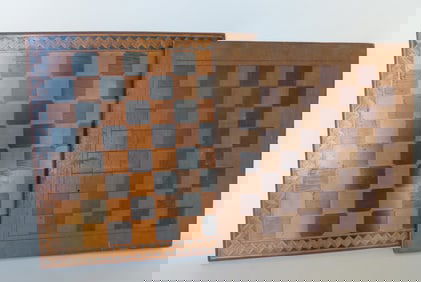Two vintage American gameboards. The first constructed with inlays including what appears to be