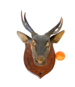 A folk art hand carved wooden buck deer head mount in original paint with 6 point real antlers and