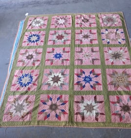 Patchwork quilt, stars within a star pattern, all hand sewn, 19th century.
