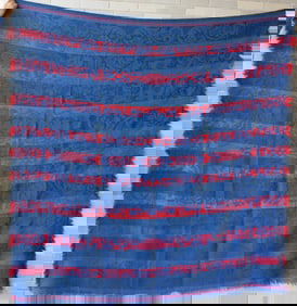 A Pennsylvania 1 piece coverlet, red, blue and dark green, with fringe on 2 sides - design is mostly