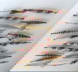 Grouping of 17 hand painted wooden fishing dobbers and 1 hand painted cork dobber, most in good