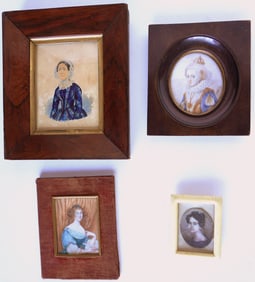 Grouping of 4 miniature portraits of ladies, including: The largest a W/C on paper depicting a