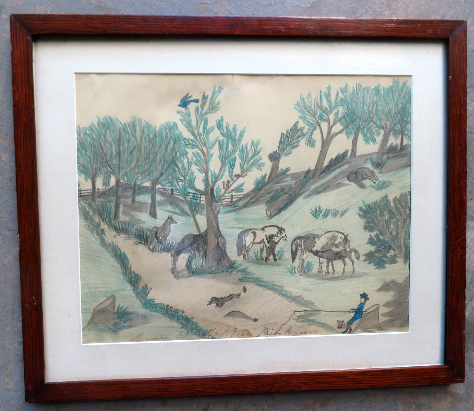 School girl folk art pencil drawing on paper, country genre scene depicting trees with crow and: School girl folk art pencil drawing on paper, country genre scene depicting trees with crow and squirrels, horses including dam and foal, boy fishing in same stream as swimming dog and turtle, signed