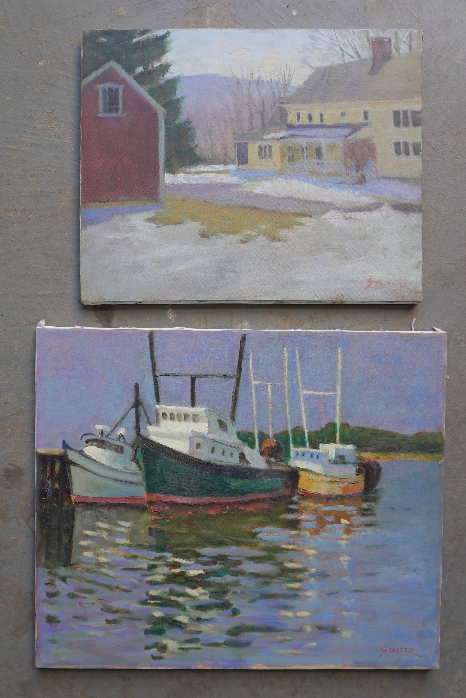 Richard Stalter (Born 1934) is active/lives in Connecticut, New York. Two O/C paintings, not framed,: Richard Stalter (Born 1934) is active/lives in Connecticut, New York. Two O/C paintings, not framed, both signed Stalter, circa mid to late 20th century. The first, a seascape depicting fishing boats 