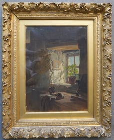 O/C Interior house scene with light shining through window with potted plant on window sill, 19th