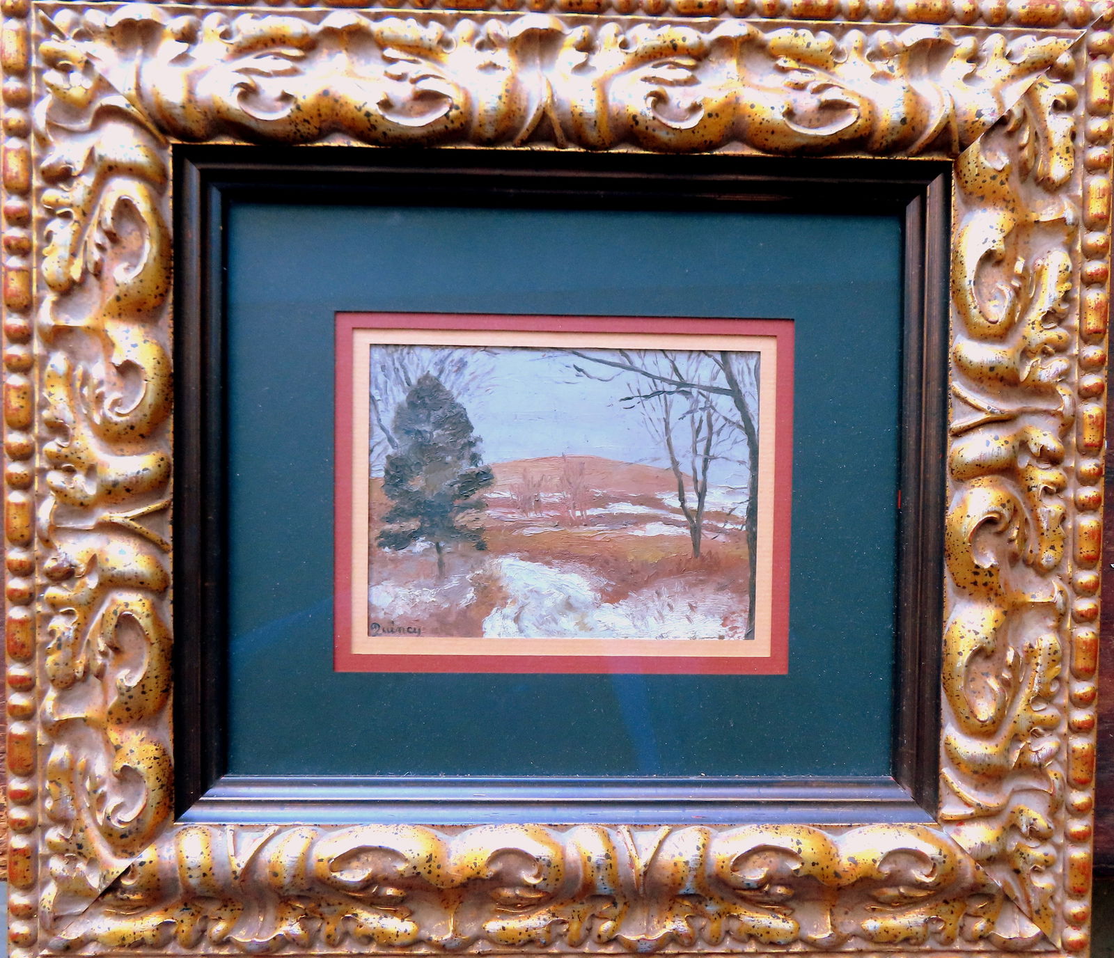 Edmund Quincy (1903 - 1997) was active/lived in Massachusetts. Oil on paper or board, winter: Edmund Quincy (1903 - 1997) was active/lived in Massachusetts. Oil on paper or board, winter landscape signed lower left "Quincy" - early to mid 20th century. Professionally framed and matted in very