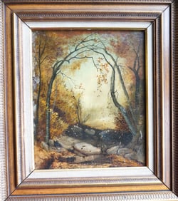 O/C Country landscape with leaves falling from trees, signed "T.R. Holt 1889". Housed in a 20th