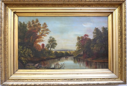 O/C A Hudson Valley country landscape depicting trees surrounding pond with fisherman in rowboat -