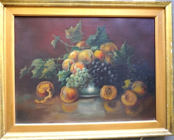 O/C Large still life of fruit on a table, late 19th century, housed in a lemon gold frame of same