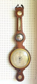 A English John Wilson mahogany banjo barometer, with 3 attached weather related dials and a small