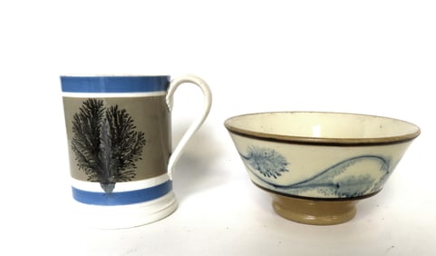 Two pieces of mochaware including cup decorated with tree design - 4 3/4"H; and small bowl decorated