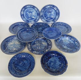 Grouping of 12 deep flow blue English Staffordshire transferware plates, circa 1800-1830. Includes: