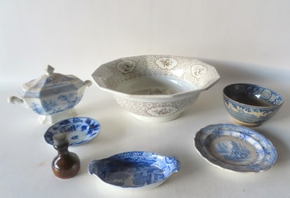 Grouping of mostly early Staffordshire china including: A Small blue and white covered tureen, no