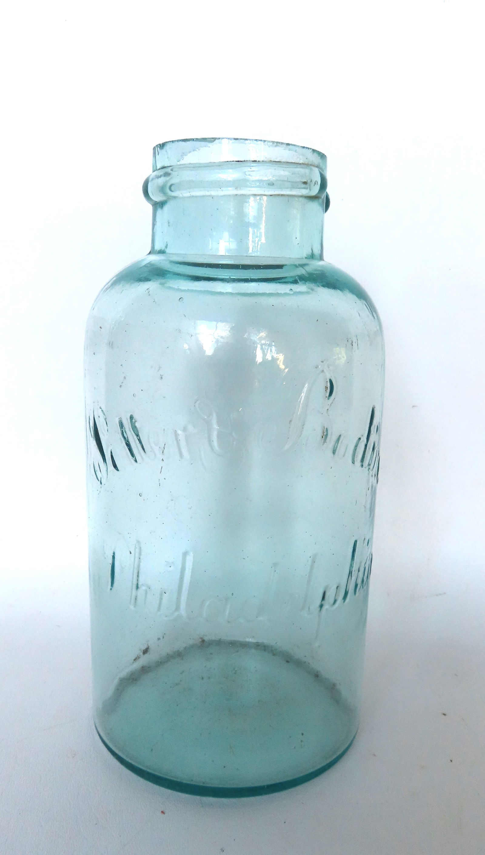 Fruit jar signed "Potter & Bodine / Philadelphia" - slight edge wear along rim, else very good: Fruit jar signed "Potter & Bodine / Philadelphia" - slight edge wear along rim, else very good condition. Measures 9 1/4"H.