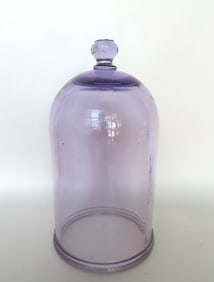 A scientific laboratory heavy glass bell jar in light purple color with flower shaped finial, 19th
