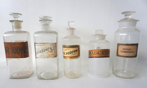 Grouping of 5 apothecary jars with original labels. The one marked Iodine has chips to the edge of