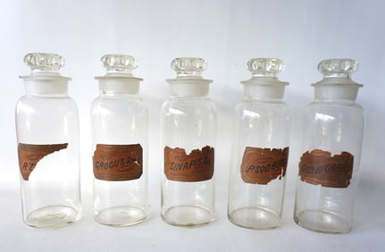 Grouping of 5 large apothecary jars with matching stoppers and with original paper labels still