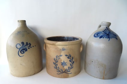 Three stoneware crocks & jugs including: Jug, 2 gallon, signed "New York Stoneware Co. Fort Edward