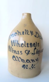 An Albany NY stoneware script jug advertising for "WINCHELL & DAVIS / WHOLESALE / WINES & LIQUOR'S /