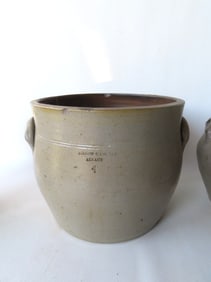Three stoneware crockery items including: Unmarked jug with cobalt blue decorations on handle -