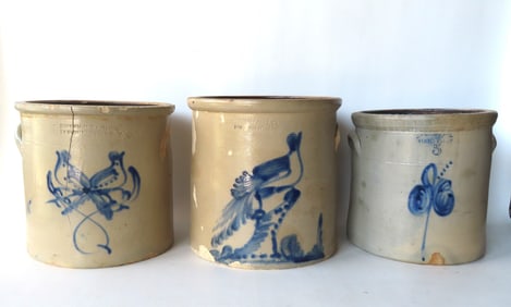 Three large damaged stoneware crocks in need of restoration - see photos for details of damage and