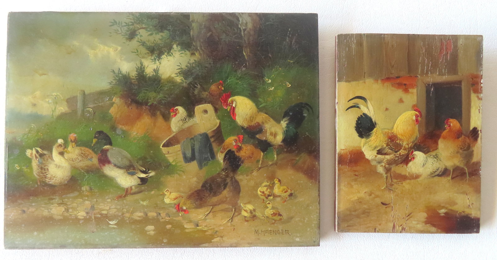 Two 19th c. miniature O/B Roosters, hens, chicks & ducks near pond and in barnyard. One signed M.: Two 19th c. miniature O/B Roosters, hens, chicks & ducks near pond and in barnyard. One signed M. Haenger (Max Hanger, Sr. 1874 - 1955, was active/lived in Germany. The larger of the 2 is in very good