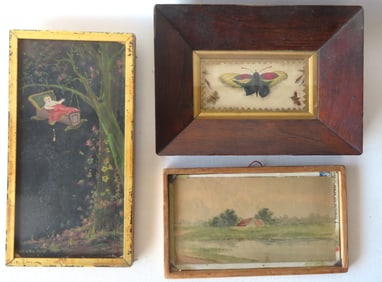 Three small framed artworks including: The first an O/B Nursery rhyme image of Rock-a-Bye-Baby -