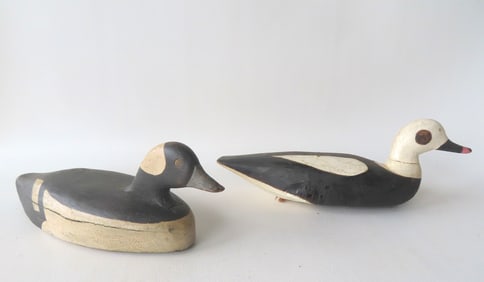 A Bufflehead and Old Squaw decoy, both in original blank and white paint in used but good condition,
