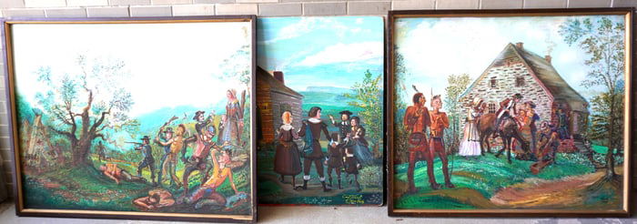 Three large folk art paintings of pilgrims& Indians at New Paltz (all on Masonite) - Stone buildings