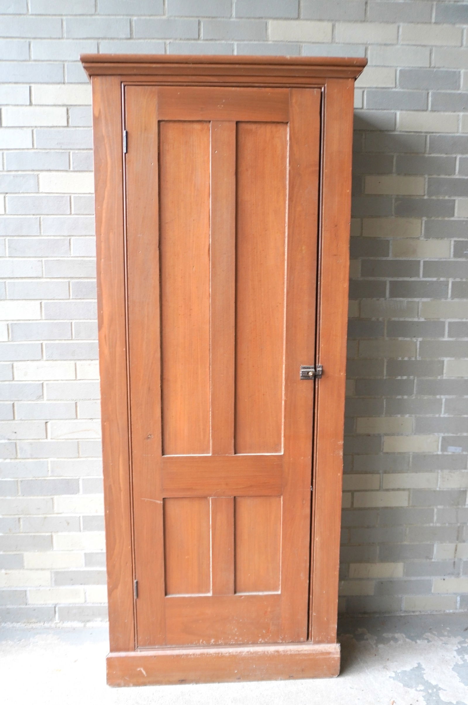 A poplar wood pantry cupboard with a single paneled door mounted on molded base, original natural: A poplar wood pantry cupboard with a single paneled door mounted on molded base, original natural finish, square nail construction, circa 1880. Some wear along the front base molding as can be expecte