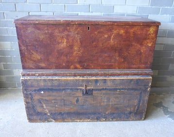 Two sponge decorated primitive storage boxes. The first in butternut with interior till and molded